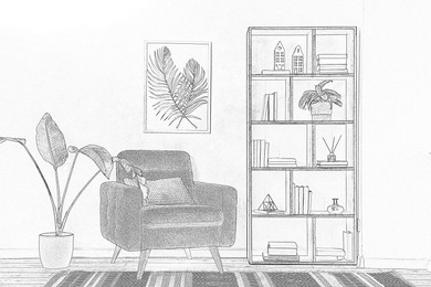 Image of Graphic sketch of room interior with furniture on white background