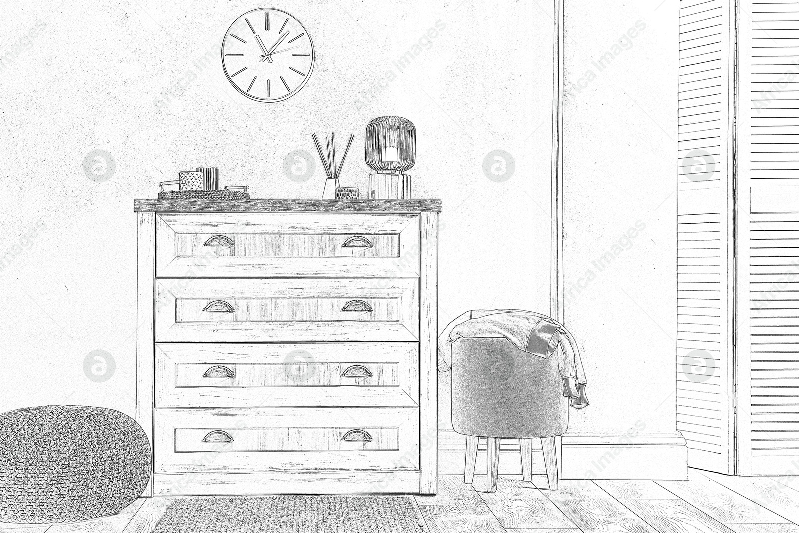 Graphic sketch of room interior with furniture on white background Image of Graphic sketch of room interior with furniture on white background