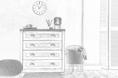 Image of Graphic sketch of room interior with furniture on white background