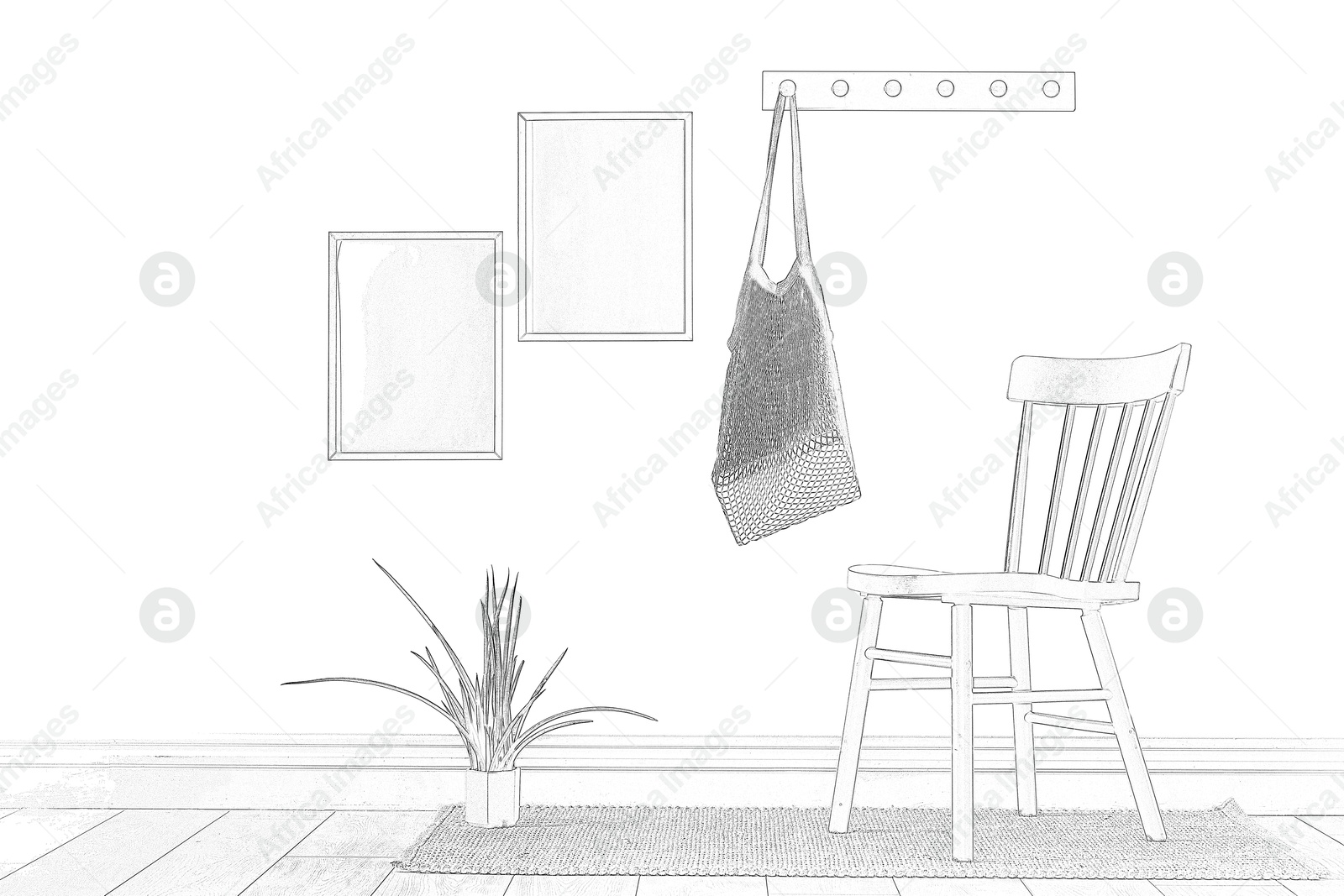 Graphic sketch of room interior with furniture on white background Image of Graphic sketch of room interior with furniture on white background