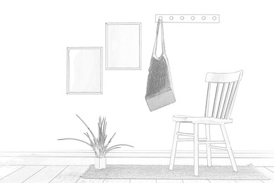 Image of Graphic sketch of room interior with furniture on white background