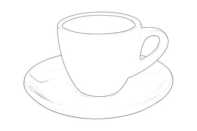 Image of Graphic sketch of cup and saucer on white background