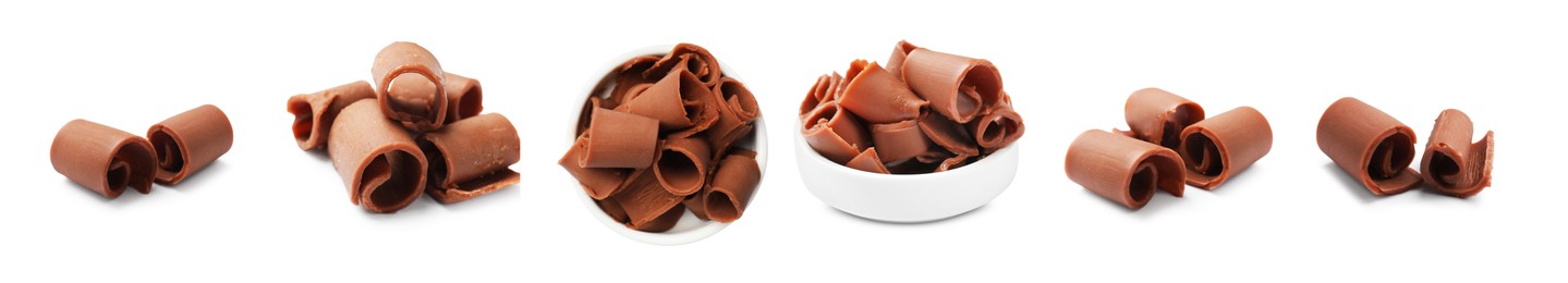 Image of Chocolate butter shavings isolated on white, set