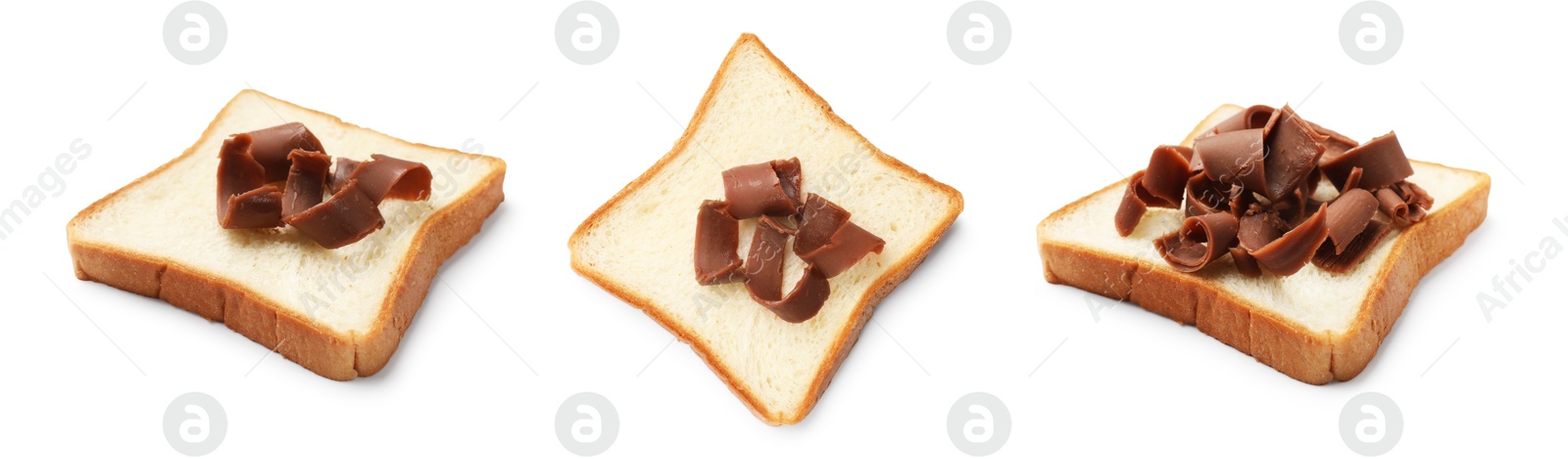 Bread slice with chocolate butter shavings isolated on white, set Image of Bread slice with chocolate butter shavings isolated on white, set