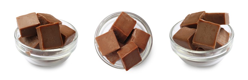 Image of Chocolate butter cubes in bowl isolated on white, collage