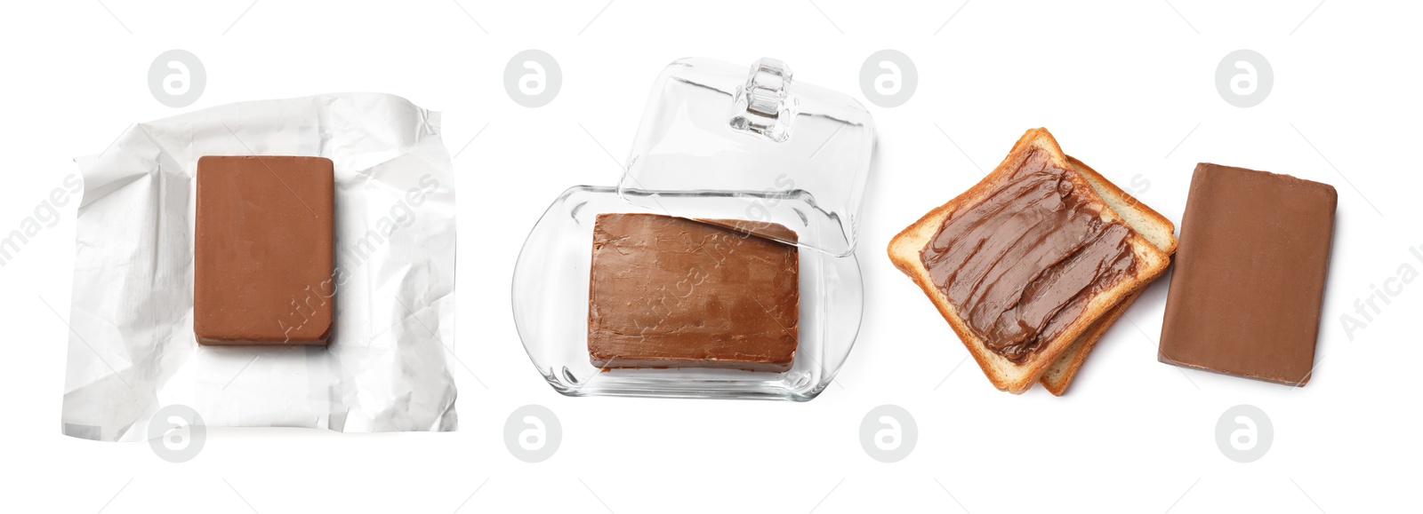 Chocolate butter blocks isolated on white, set Image of Chocolate butter blocks isolated on white, set