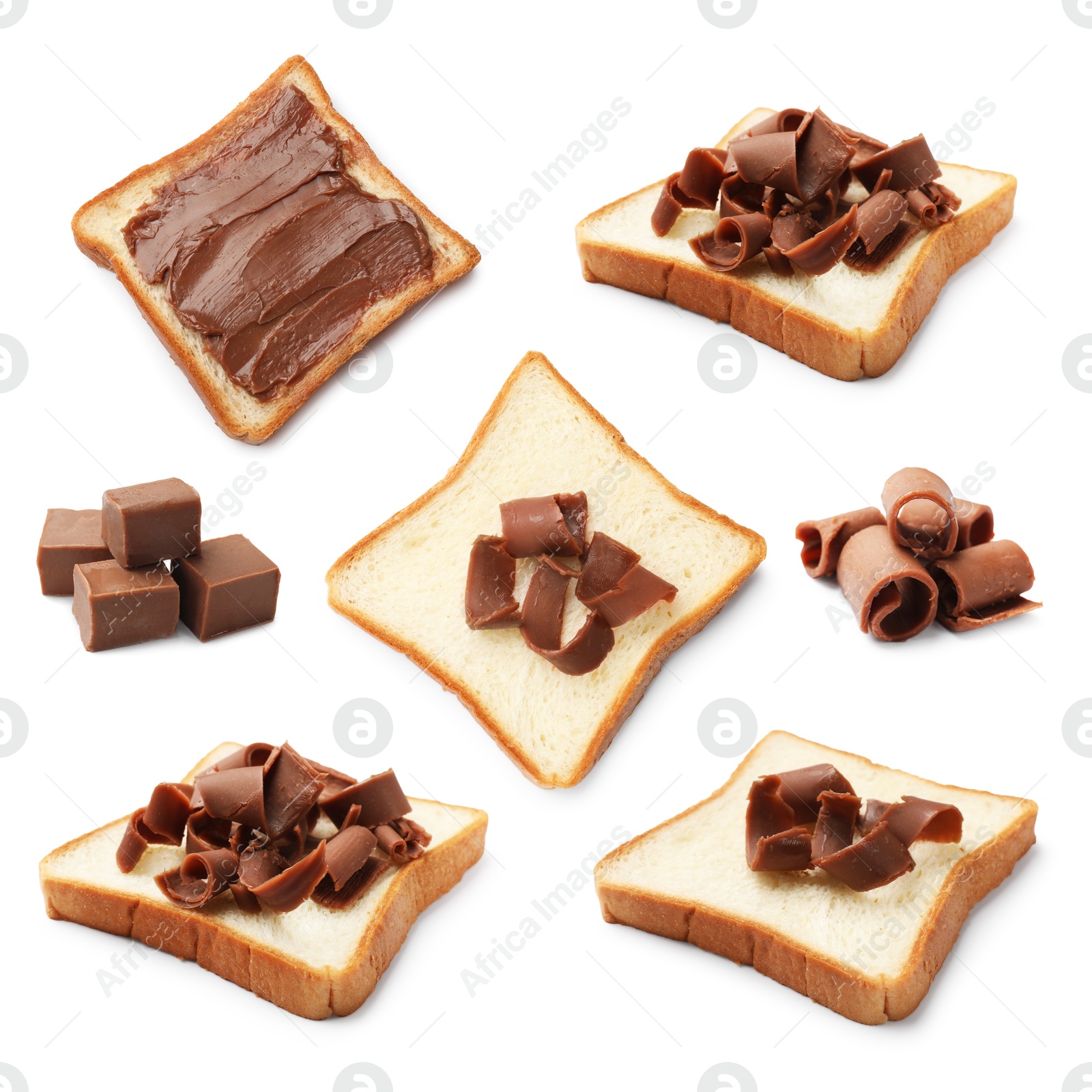 Chocolate butter isolated on white, set. Bread slices, shavings and cubes Image of Chocolate butter isolated on white, set. Bread slices, shavings and cubes