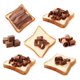 Image of Chocolate butter isolated on white, set. Bread slices, shavings and cubes