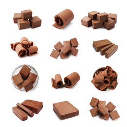 Image of Chocolate butter isolated on white, set. Cubes, shavings and block