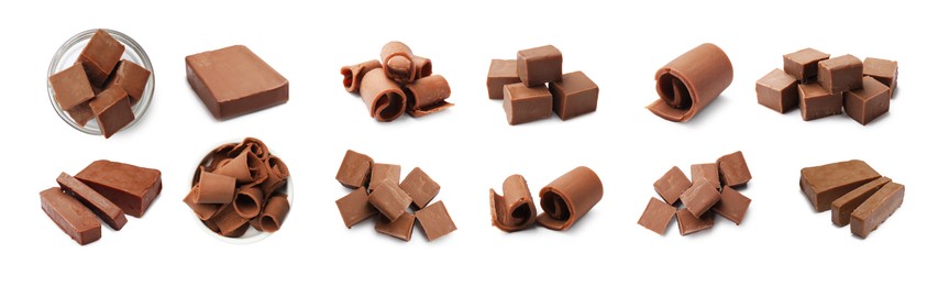 Image of Chocolate butter isolated on white, set. Cubes, shavings and block