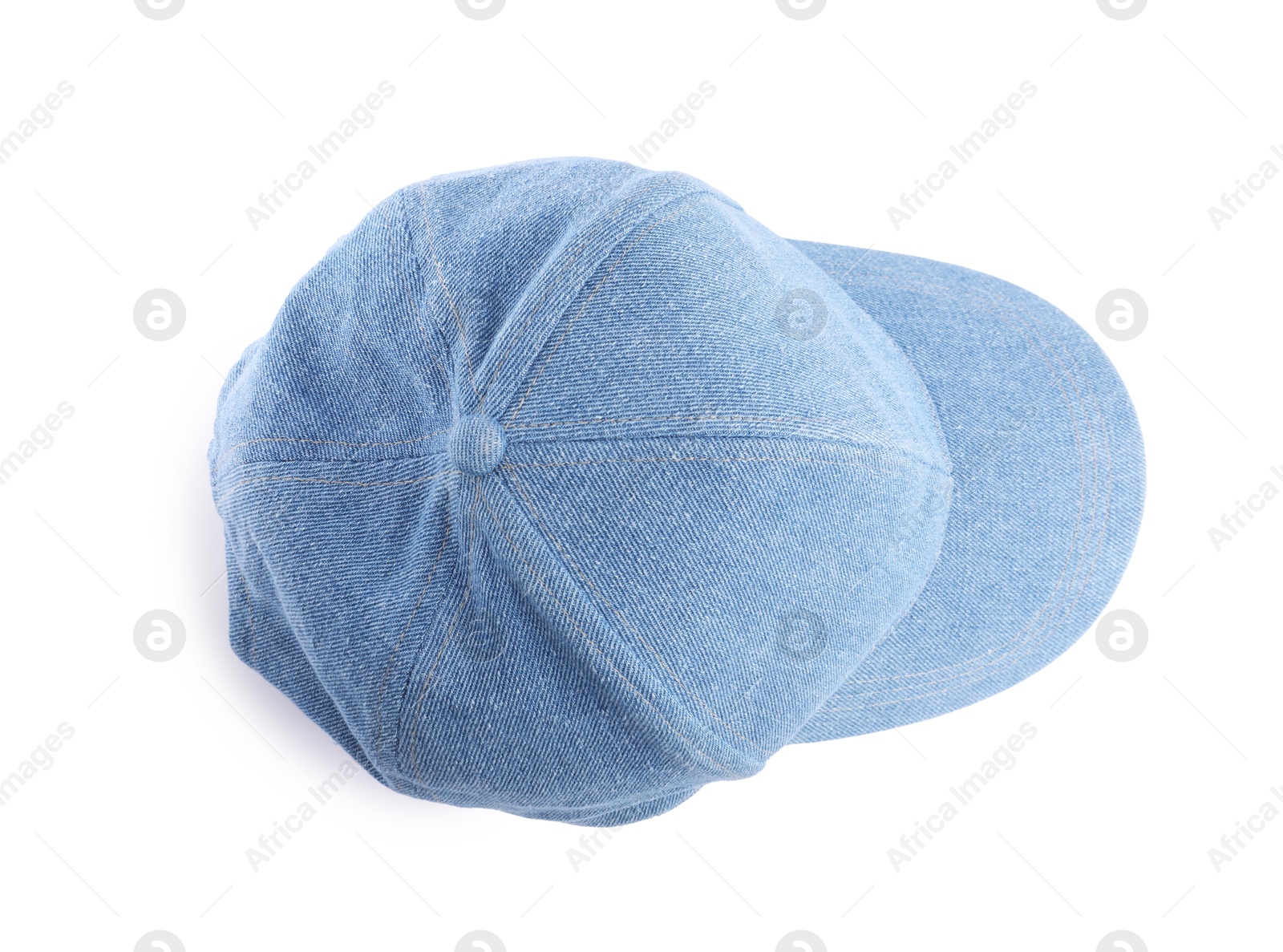 One denim baseball hat isolated on white, top view Photo of One denim baseball hat isolated on white, top view