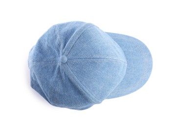Photo of One denim baseball hat isolated on white, top view
