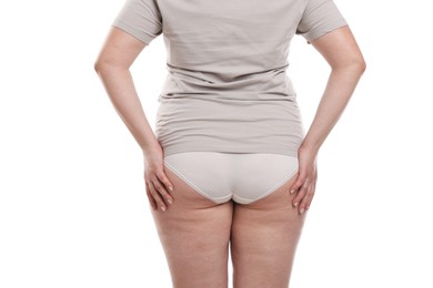 Photo of Weight loss. Plus size woman on white background, closeup