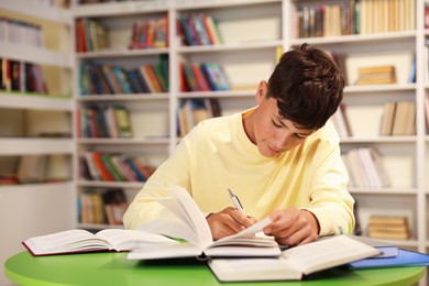 Photo of Student with books studying at table in library