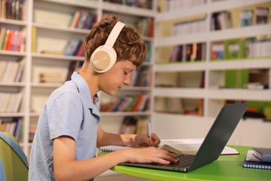 Photo of Student with laptop studying at table in library. Space for text