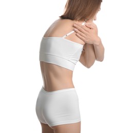 Photo of Woman suffering from anorexia on white background, closeup
