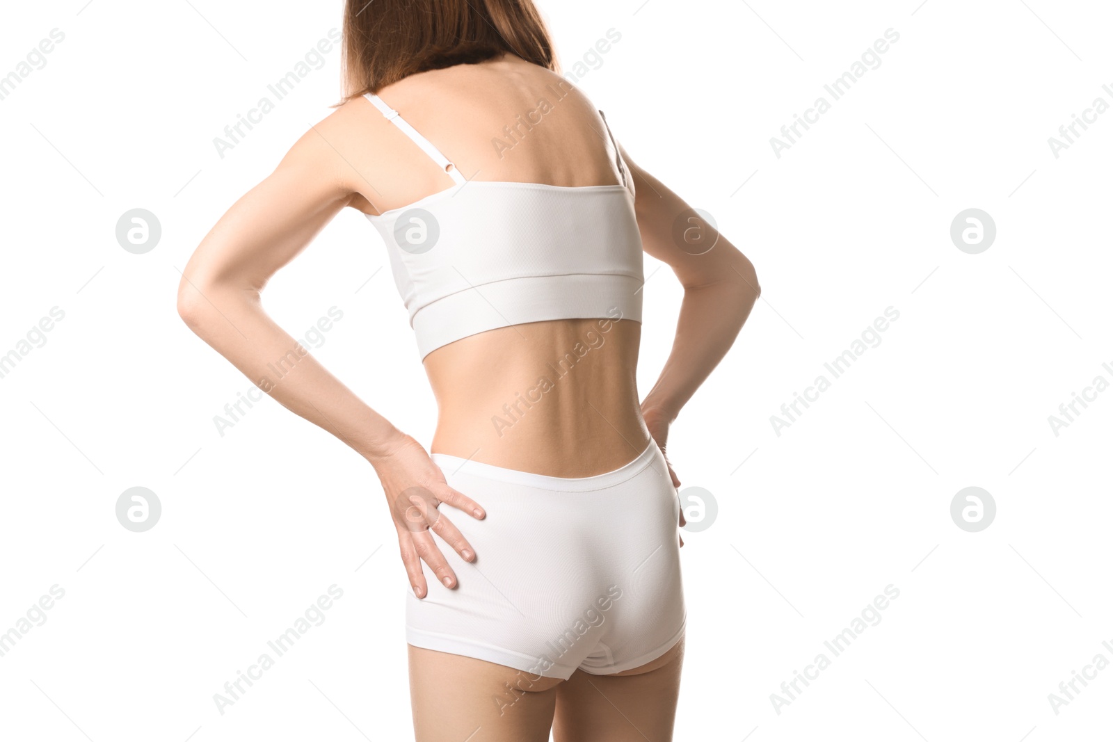 Woman suffering from anorexia on white background, closeup Photo of Woman suffering from anorexia on white background, closeup