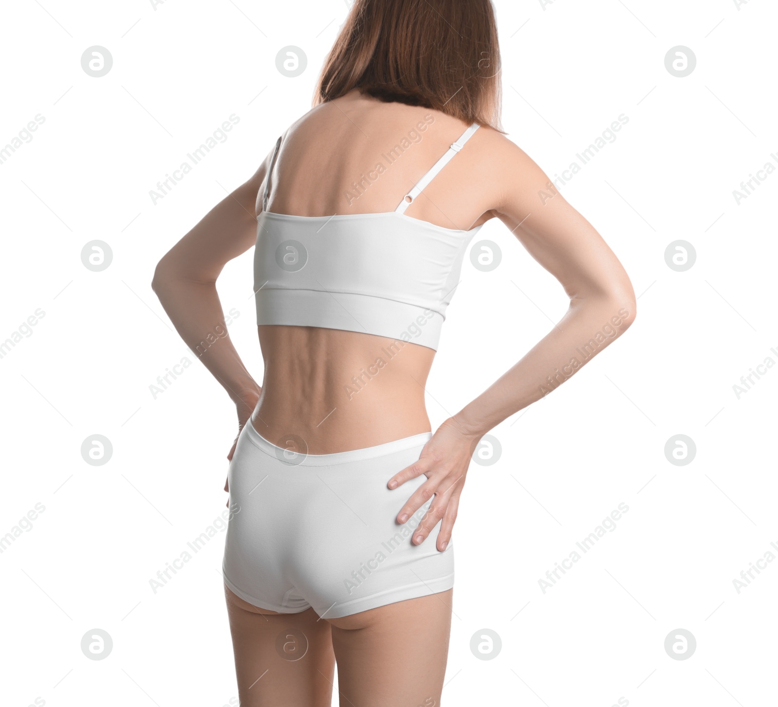 Woman suffering from anorexia on white background, closeup Photo of Woman suffering from anorexia on white background, closeup