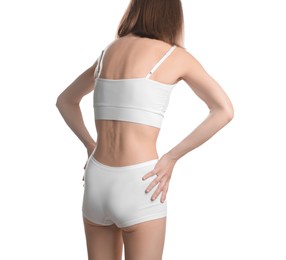 Photo of Woman suffering from anorexia on white background, closeup
