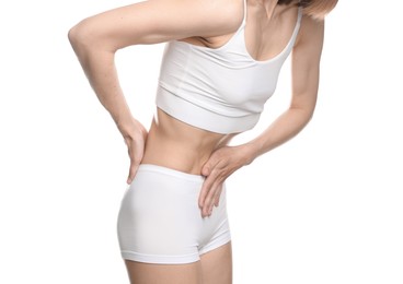 Photo of Woman suffering from anorexia on white background, closeup