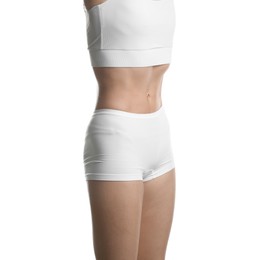 Photo of Woman suffering from anorexia on white background, closeup
