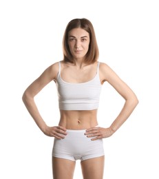 Photo of Woman suffering from anorexia on white background