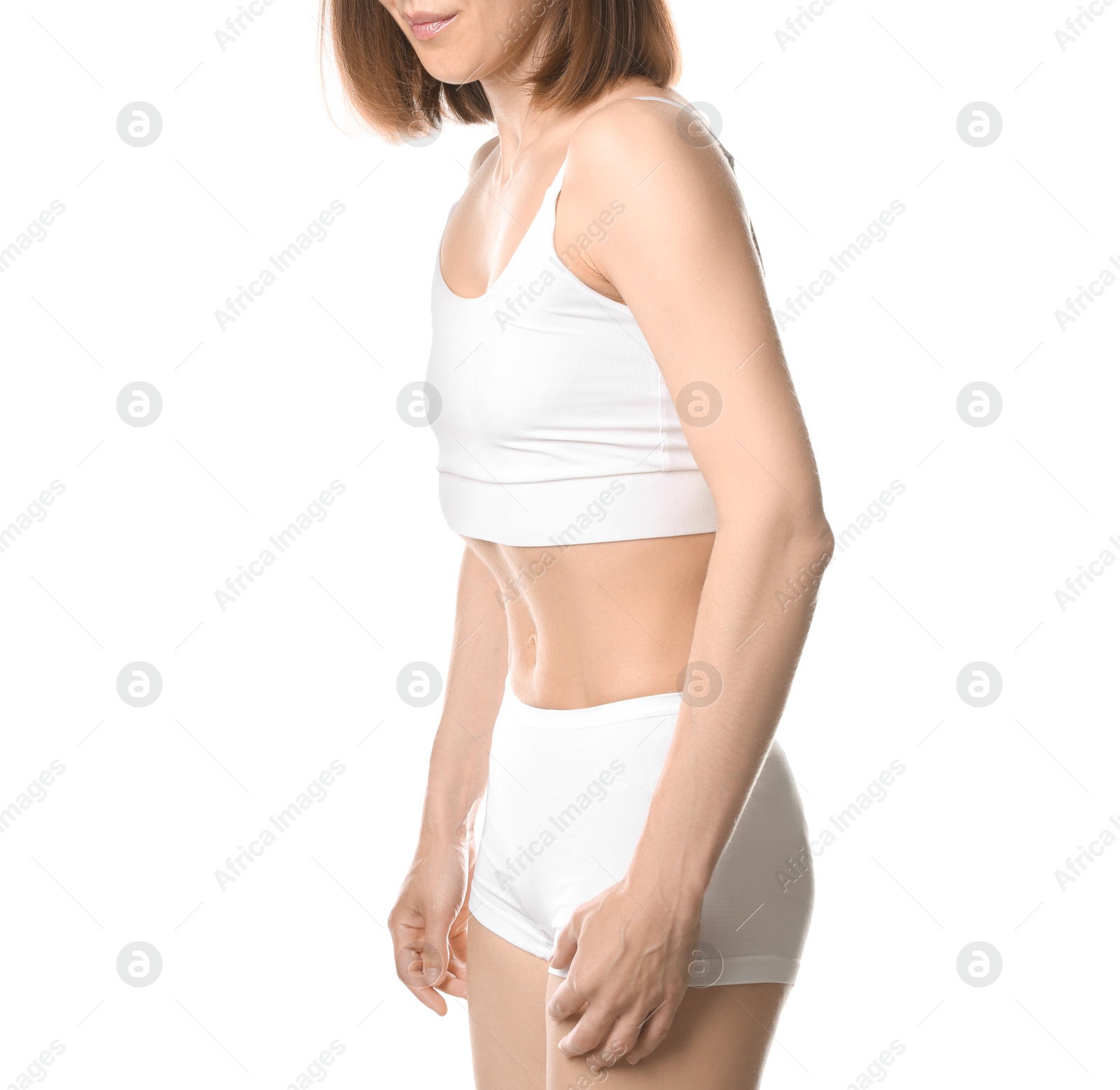 Woman suffering from anorexia on white background, closeup Photo of Woman suffering from anorexia on white background, closeup