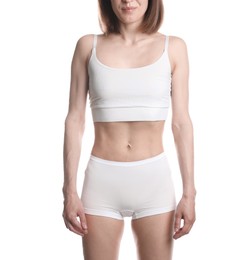Photo of Woman suffering from anorexia on white background, closeup