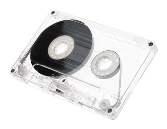 Photo of One audio cassette with magnetic tape isolated on white