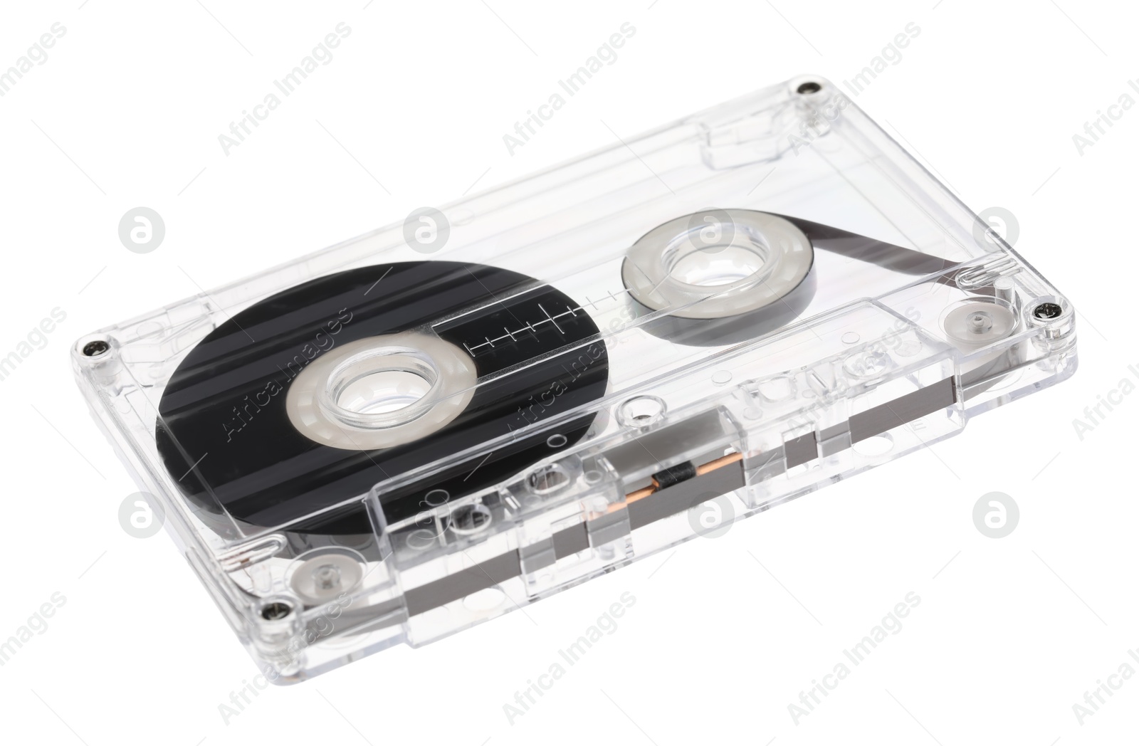 One audio cassette with magnetic tape isolated on white Photo of One audio cassette with magnetic tape isolated on white