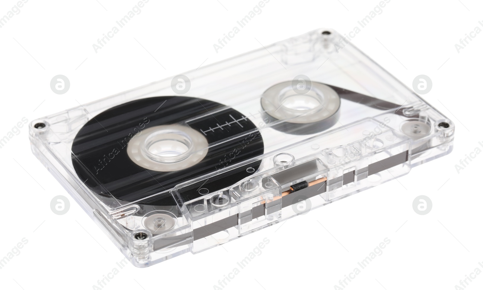 One audio cassette with magnetic tape isolated on white Photo of One audio cassette with magnetic tape isolated on white