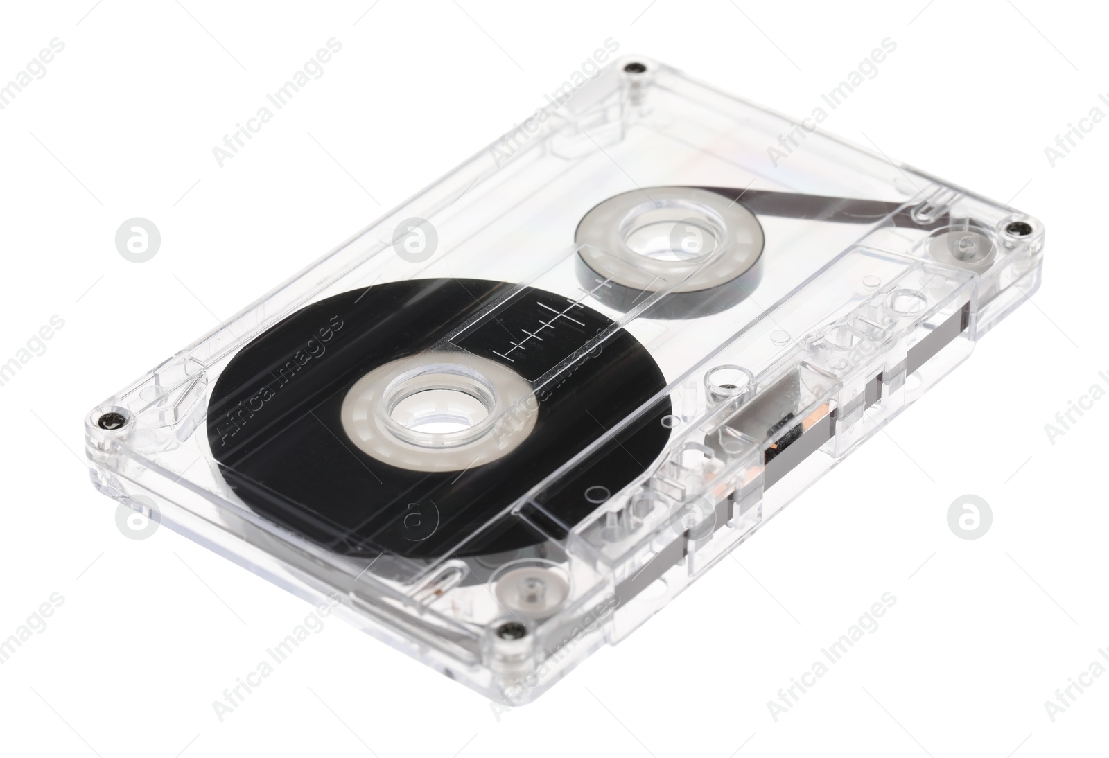 One audio cassette with magnetic tape isolated on white Photo of One audio cassette with magnetic tape isolated on white