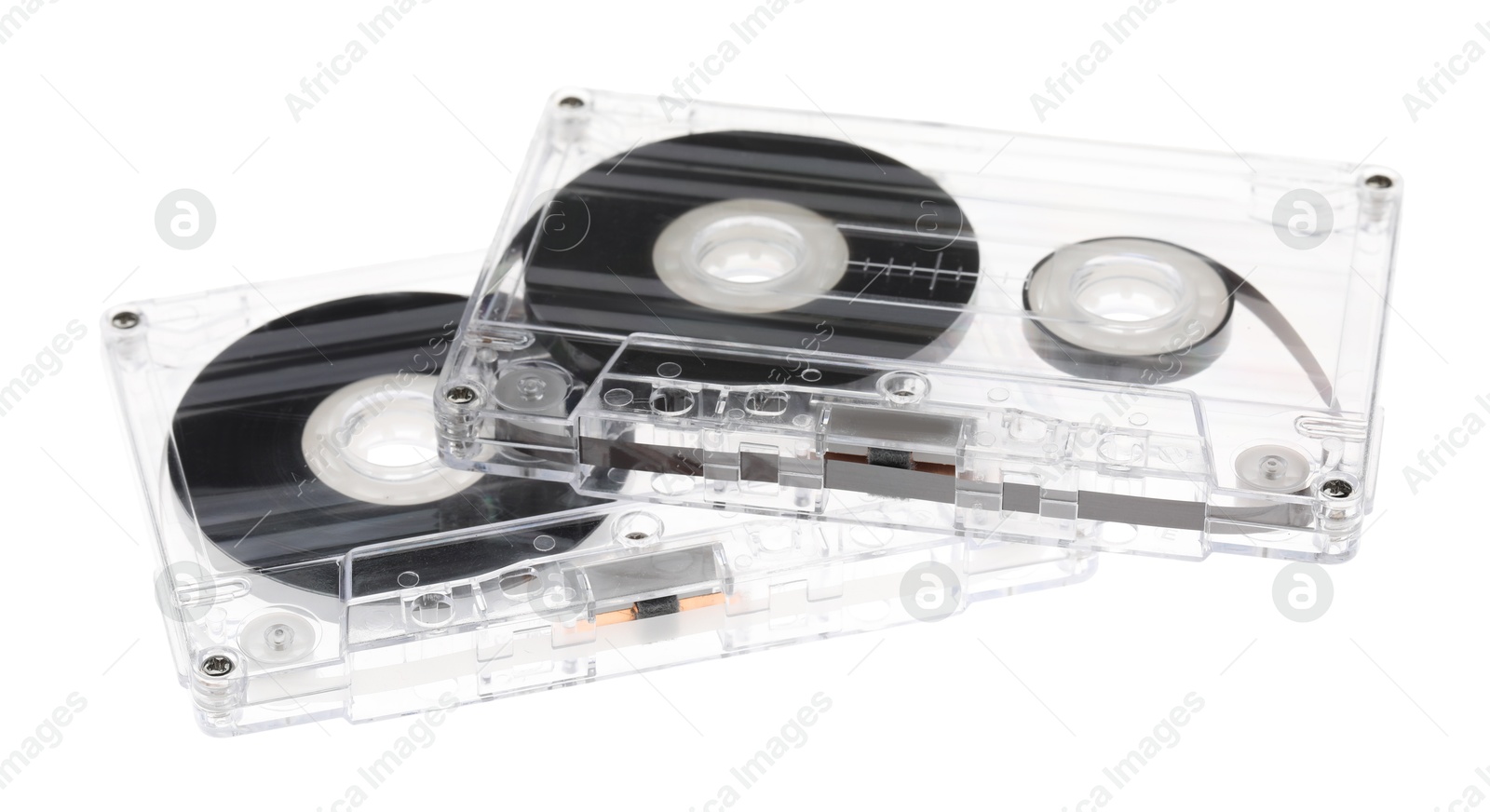 Audio cassettes with magnetic tapes isolated on white Photo of Audio cassettes with magnetic tapes isolated on white