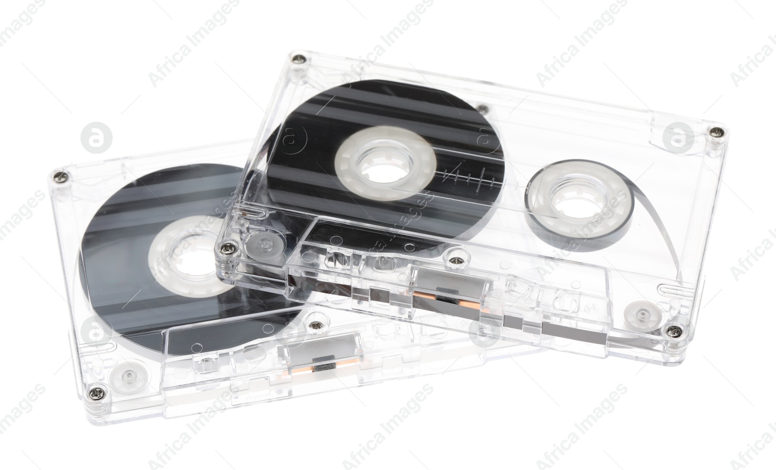 Audio cassettes with magnetic tapes isolated on white Photo of Audio cassettes with magnetic tapes isolated on white