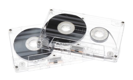 Photo of Audio cassettes with magnetic tapes isolated on white