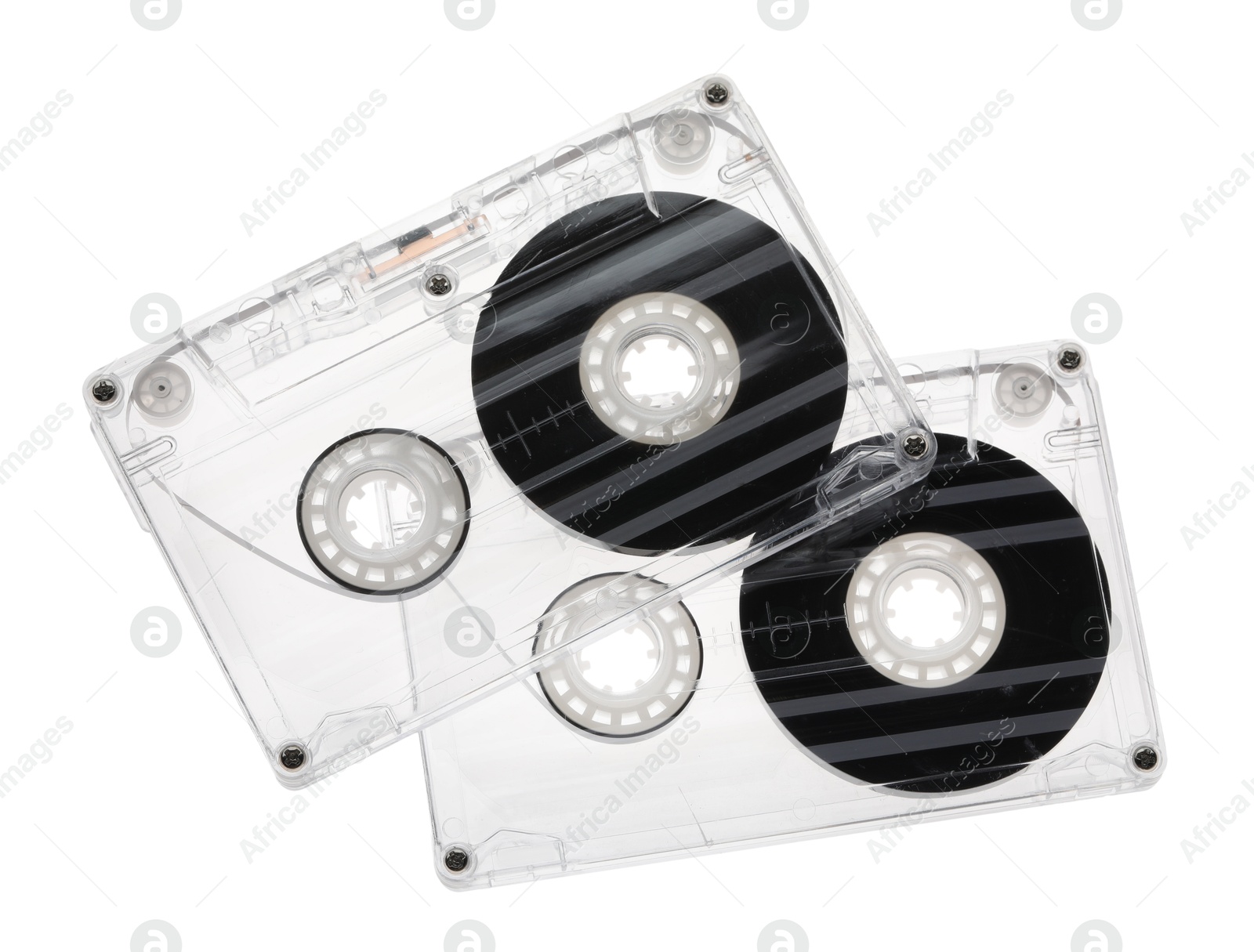 Audio cassettes with magnetic tapes isolated on white Photo of Audio cassettes with magnetic tapes isolated on white