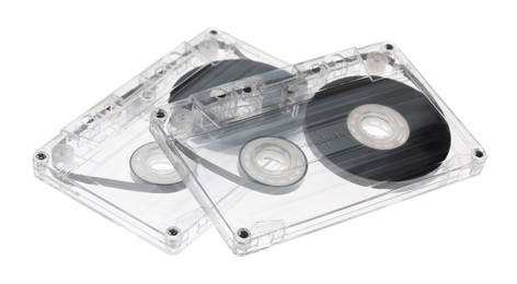 Photo of Audio cassettes with magnetic tapes isolated on white