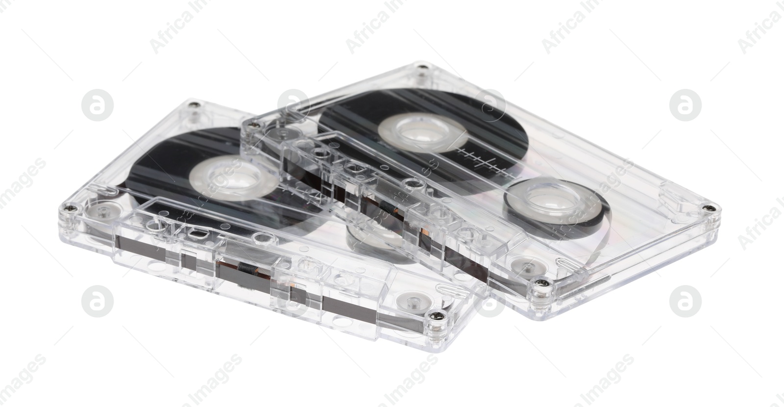 Audio cassettes with magnetic tapes isolated on white Photo of Audio cassettes with magnetic tapes isolated on white