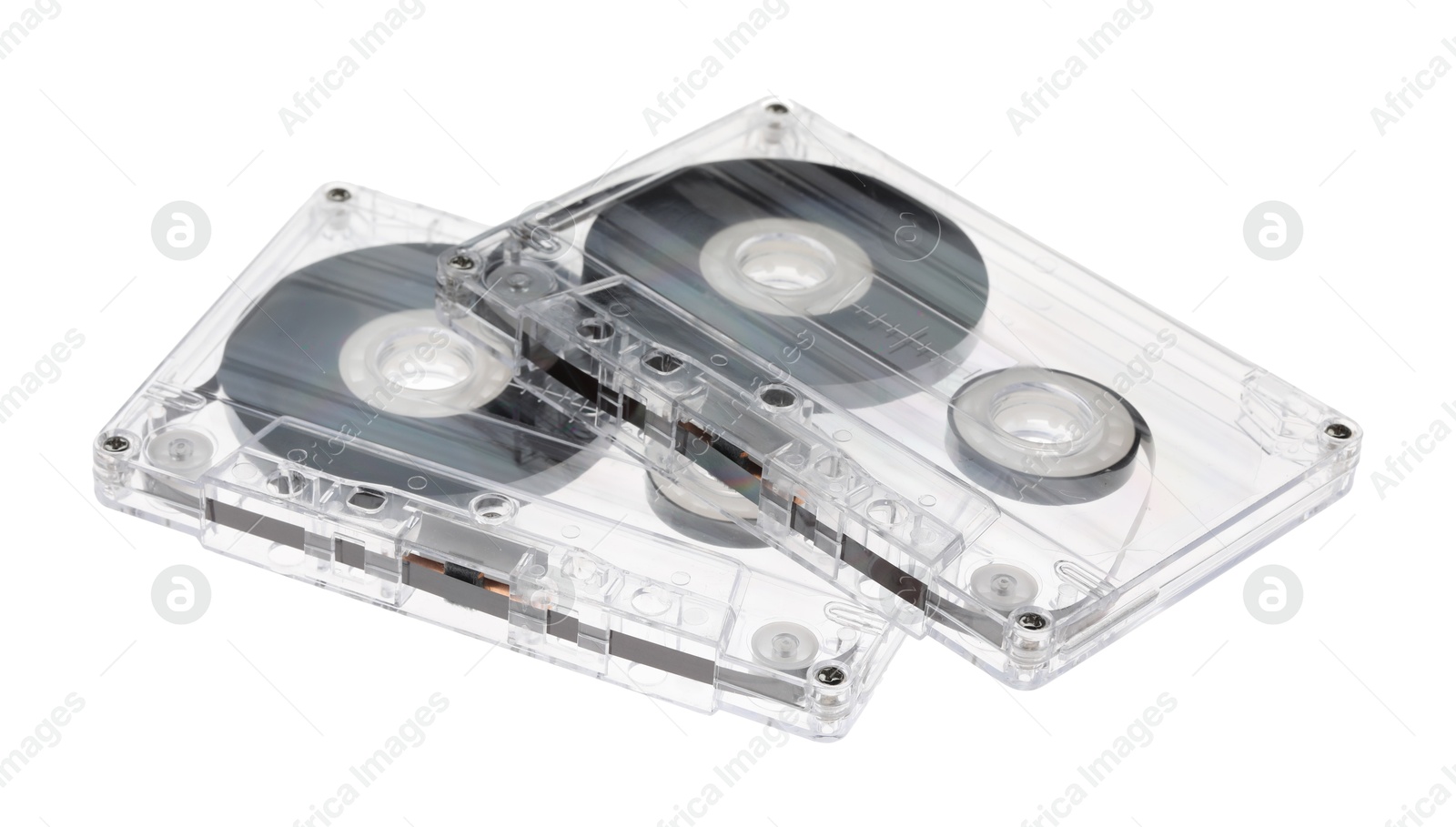 Audio cassettes with magnetic tapes isolated on white Photo of Audio cassettes with magnetic tapes isolated on white
