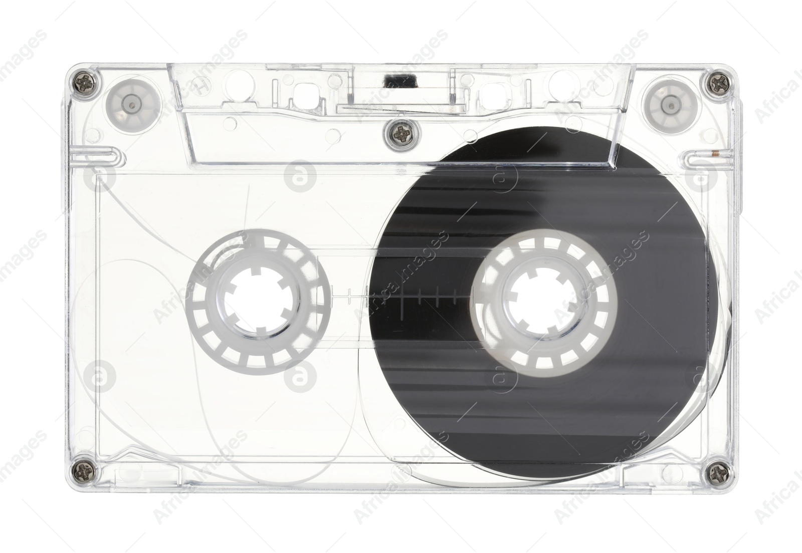 One audio cassette with magnetic tape isolated on white Photo of One audio cassette with magnetic tape isolated on white