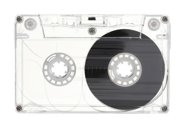 Photo of One audio cassette with magnetic tape isolated on white