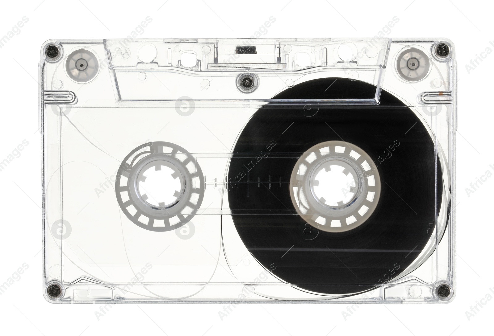 One audio cassette with magnetic tape isolated on white Photo of One audio cassette with magnetic tape isolated on white