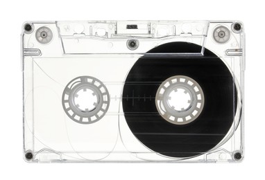 Photo of One audio cassette with magnetic tape isolated on white