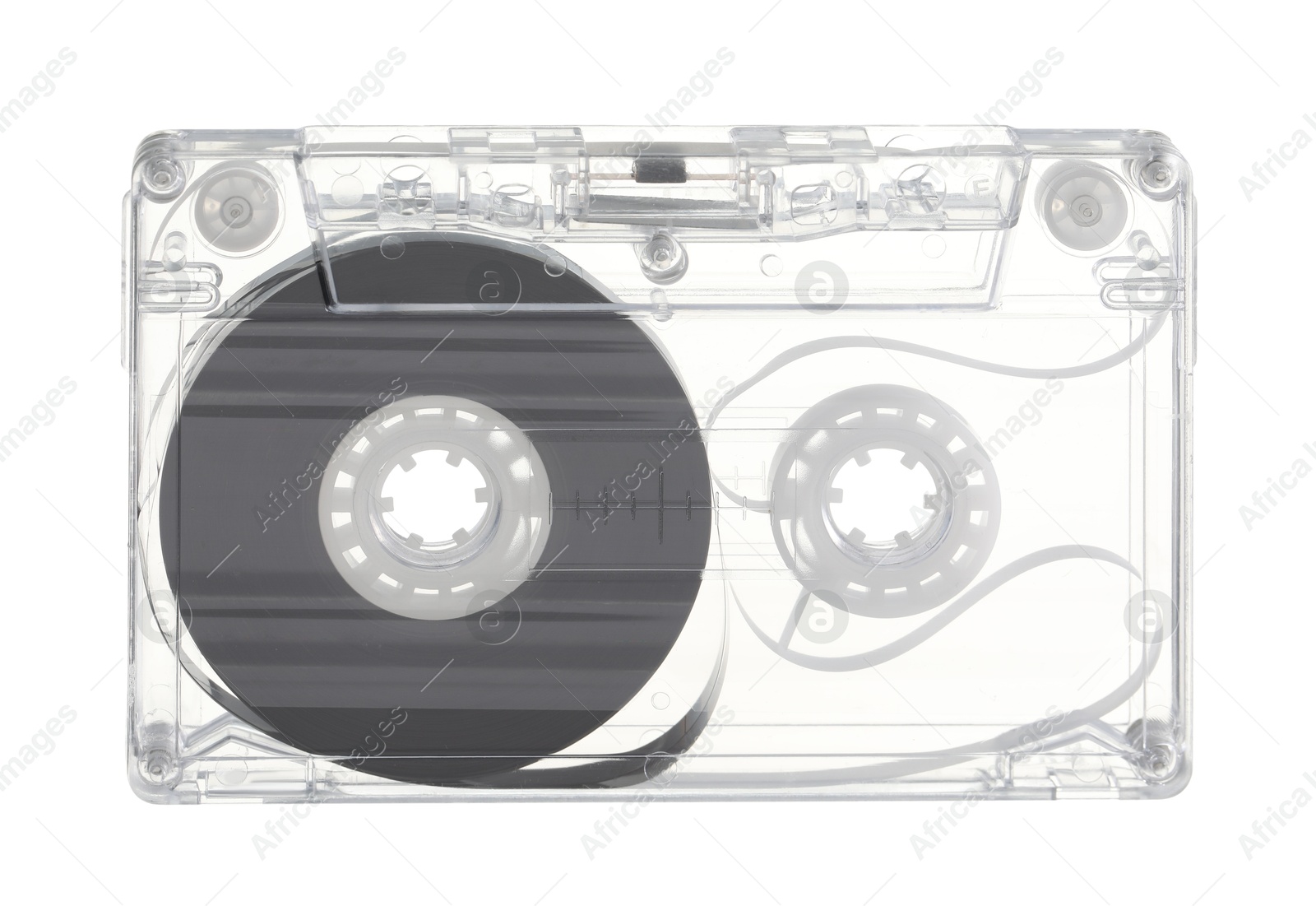 One audio cassette with magnetic tape isolated on white Photo of One audio cassette with magnetic tape isolated on white
