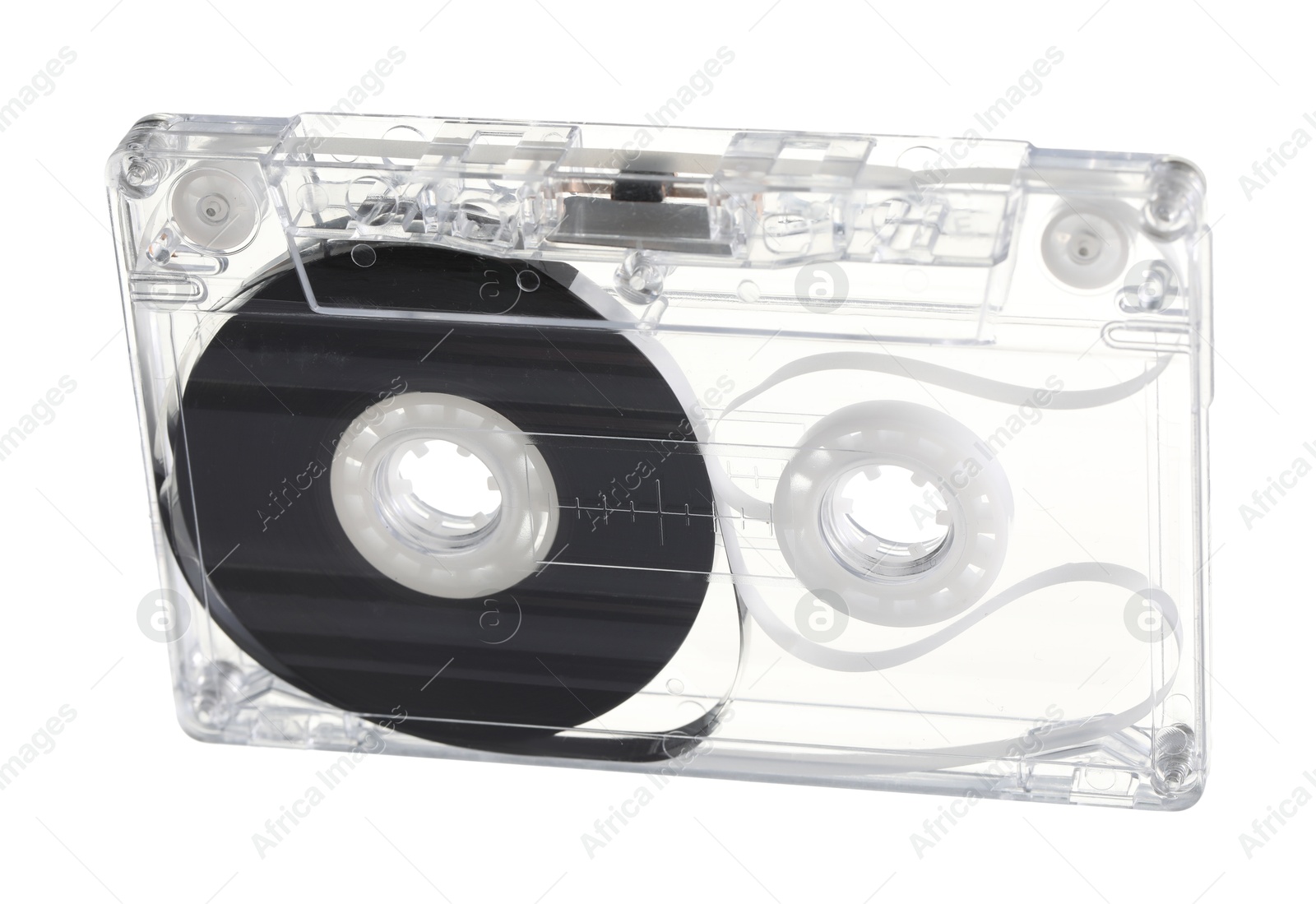One audio cassette with magnetic tape isolated on white Photo of One audio cassette with magnetic tape isolated on white