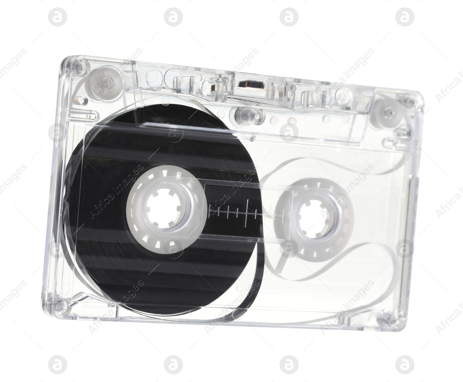 One audio cassette with magnetic tape isolated on white Photo of One audio cassette with magnetic tape isolated on white