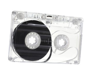 Photo of One audio cassette with magnetic tape isolated on white