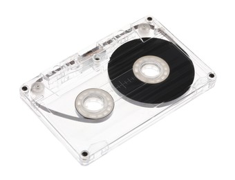 Photo of One audio cassette with magnetic tape isolated on white