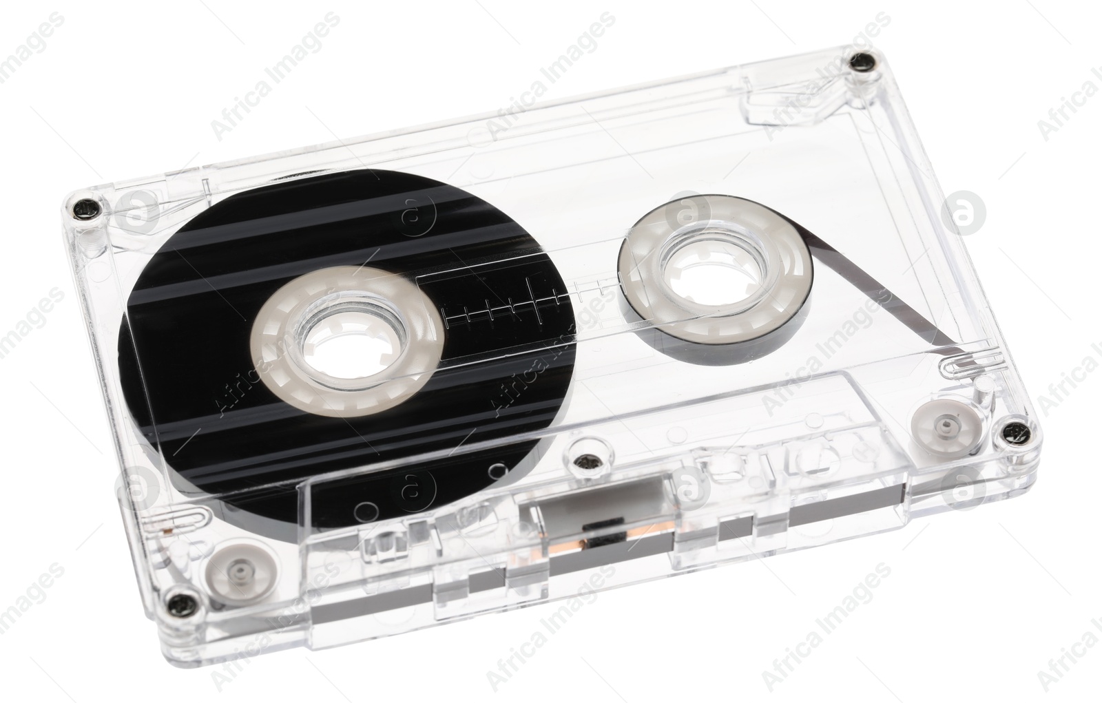 One audio cassette with magnetic tape isolated on white Photo of One audio cassette with magnetic tape isolated on white