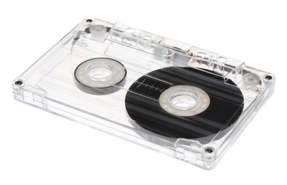 Photo of One audio cassette with magnetic tape isolated on white